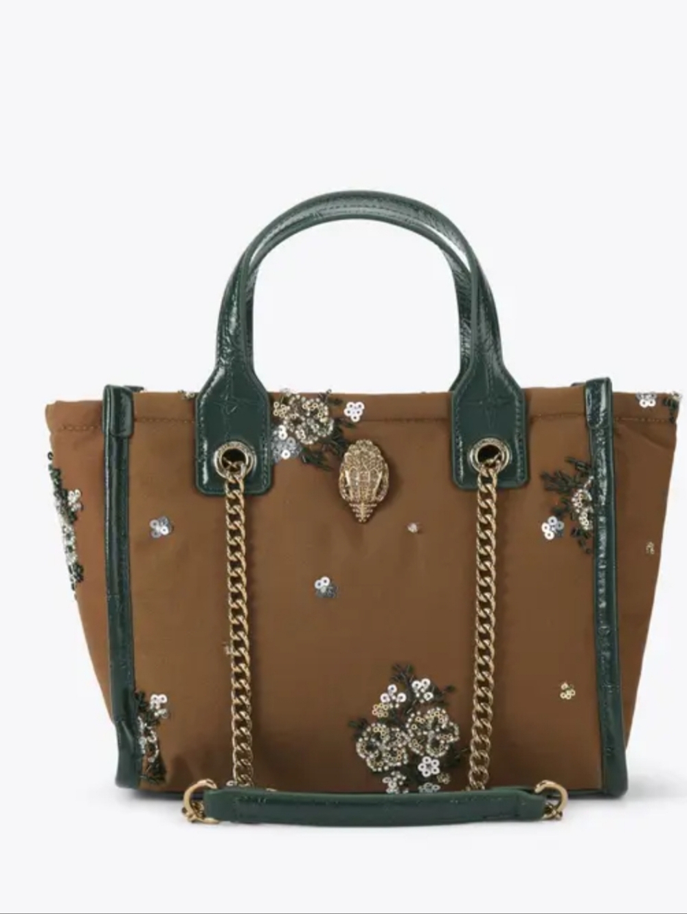 Kurt Geiger Hoxton Tan Tote with Green Trim and Gold Chain Handles